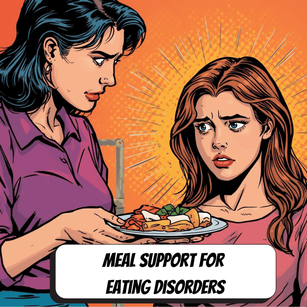 mother handing her daughter a balanced plate of food for meal support