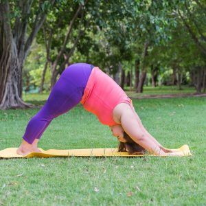 Woman in pink shirt and purple pants doing yoga