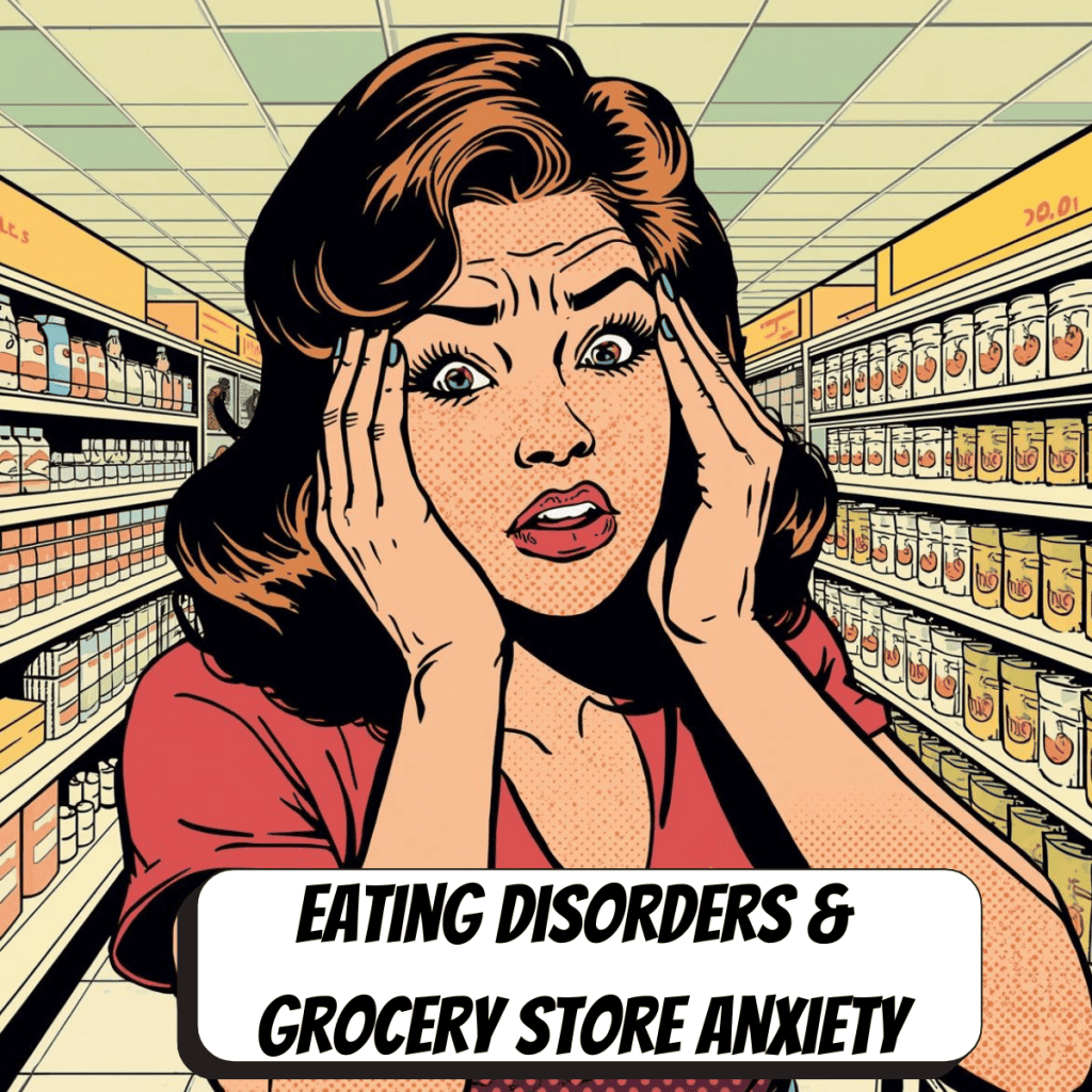 comic book woman in the grocery store aisle looking stressed
