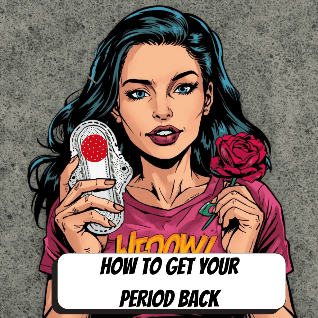 comic book woman holding a period pad and a rose