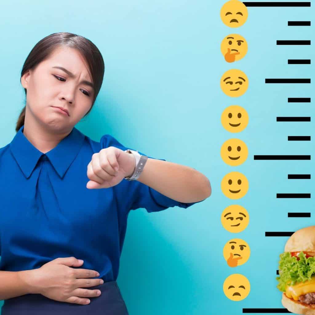 Woman looking at clock with hungry belly and hunger scale ratings and burger