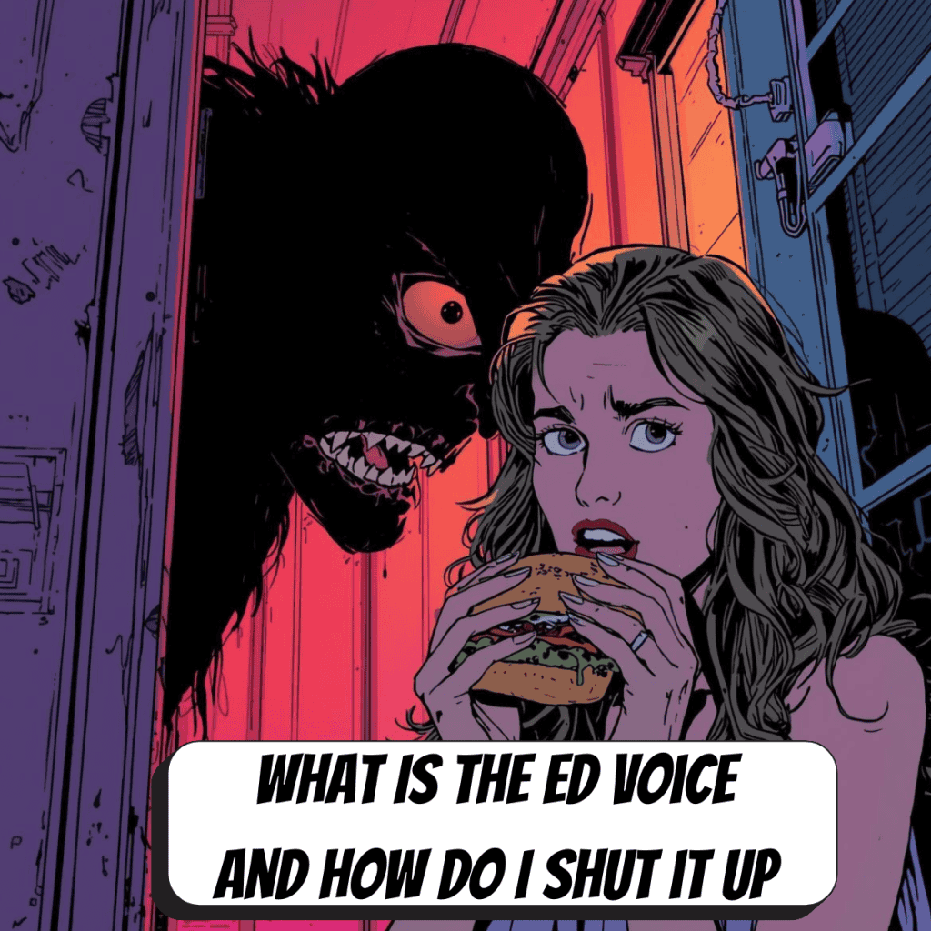 comic book woman eating a burger with a dark monster looming above her