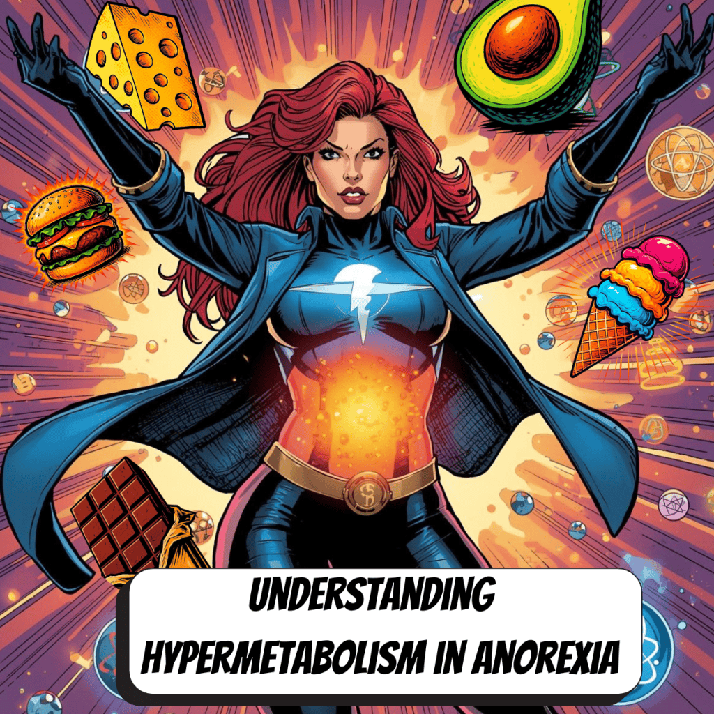 comic book super hero woman with lighted stomach with food floating in the background