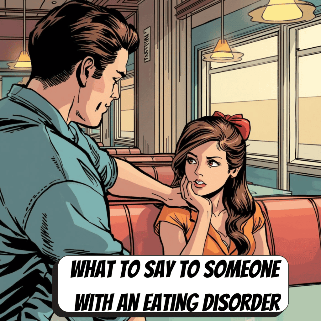 comic book father putting hand on daughters shoulder at a diner