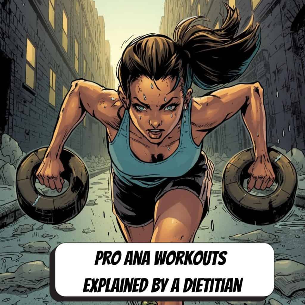 comic book woman running sweating heavily with weights in hand