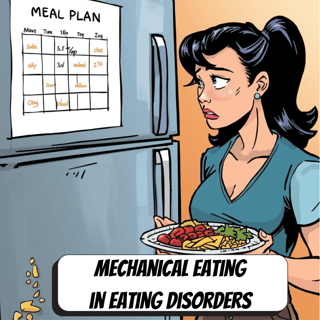 woman looking at structured eating disorder meal plan on fridge holding a plate