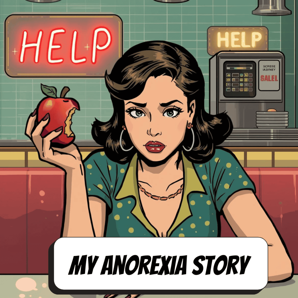 retro woman in diner with a sign that says help above her holding an apple with a bite out of it