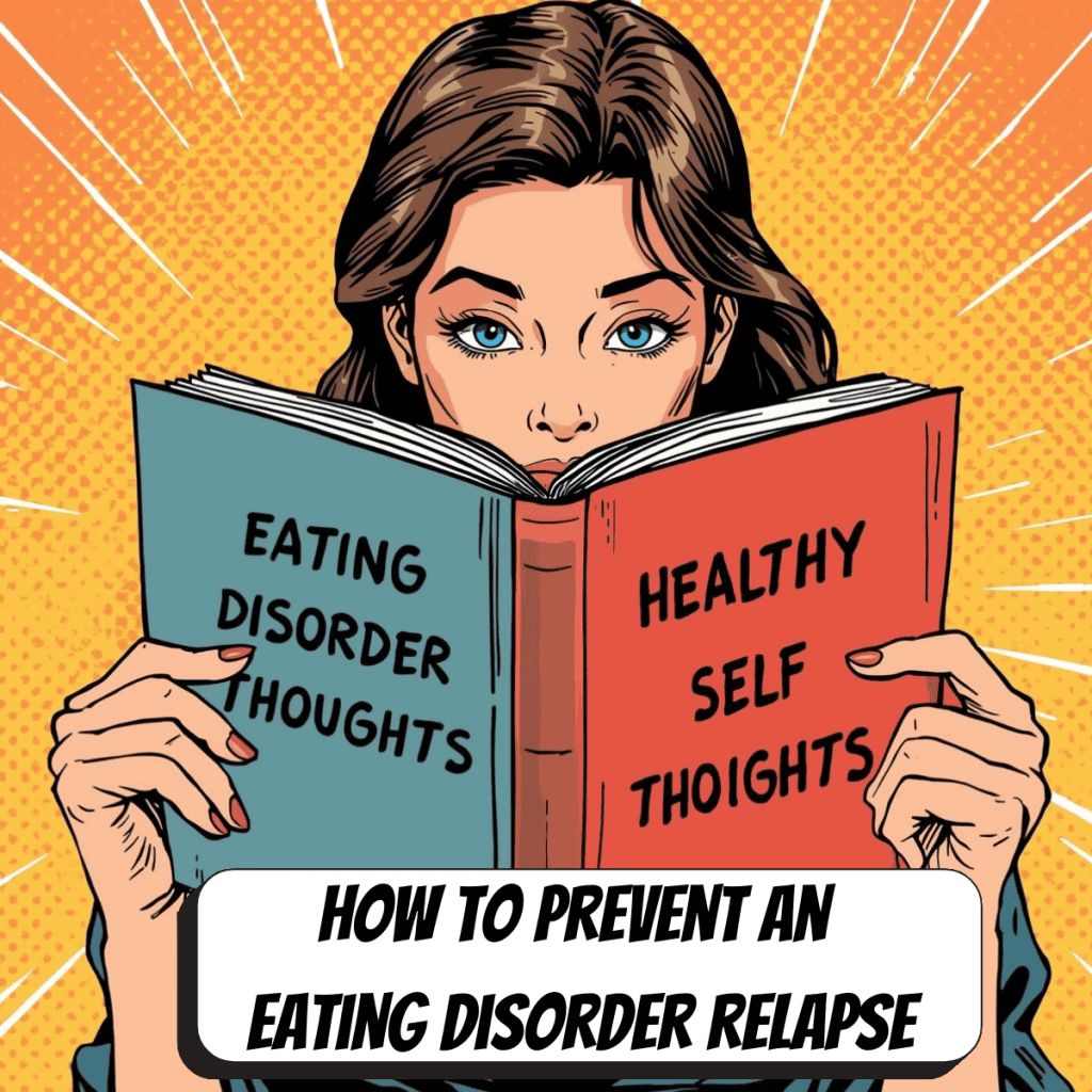 comic book woman with a book on one side that says eating disorder thoughts on the other side says healthy thoughts