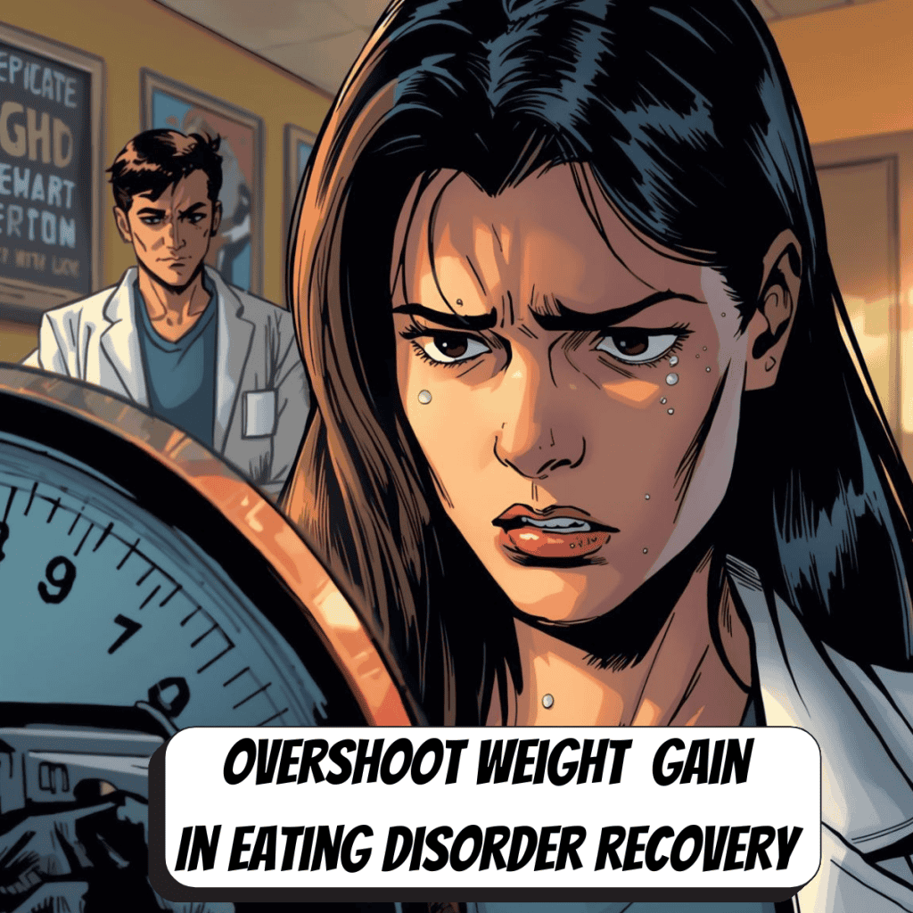 comic book woman looking anxiously at scale in doctors office
