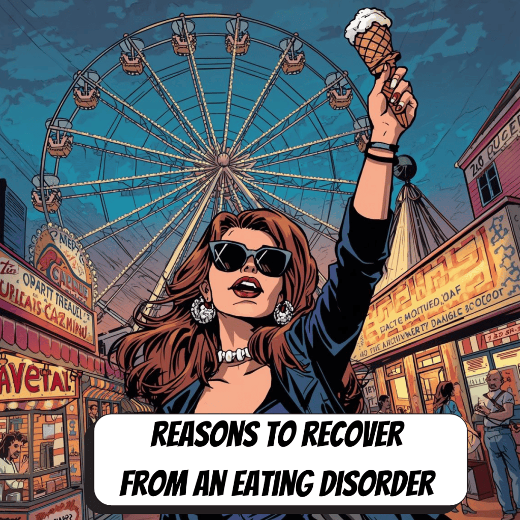 comic book woman holding up an ice cream cone in front of a Farris wheel at carnival