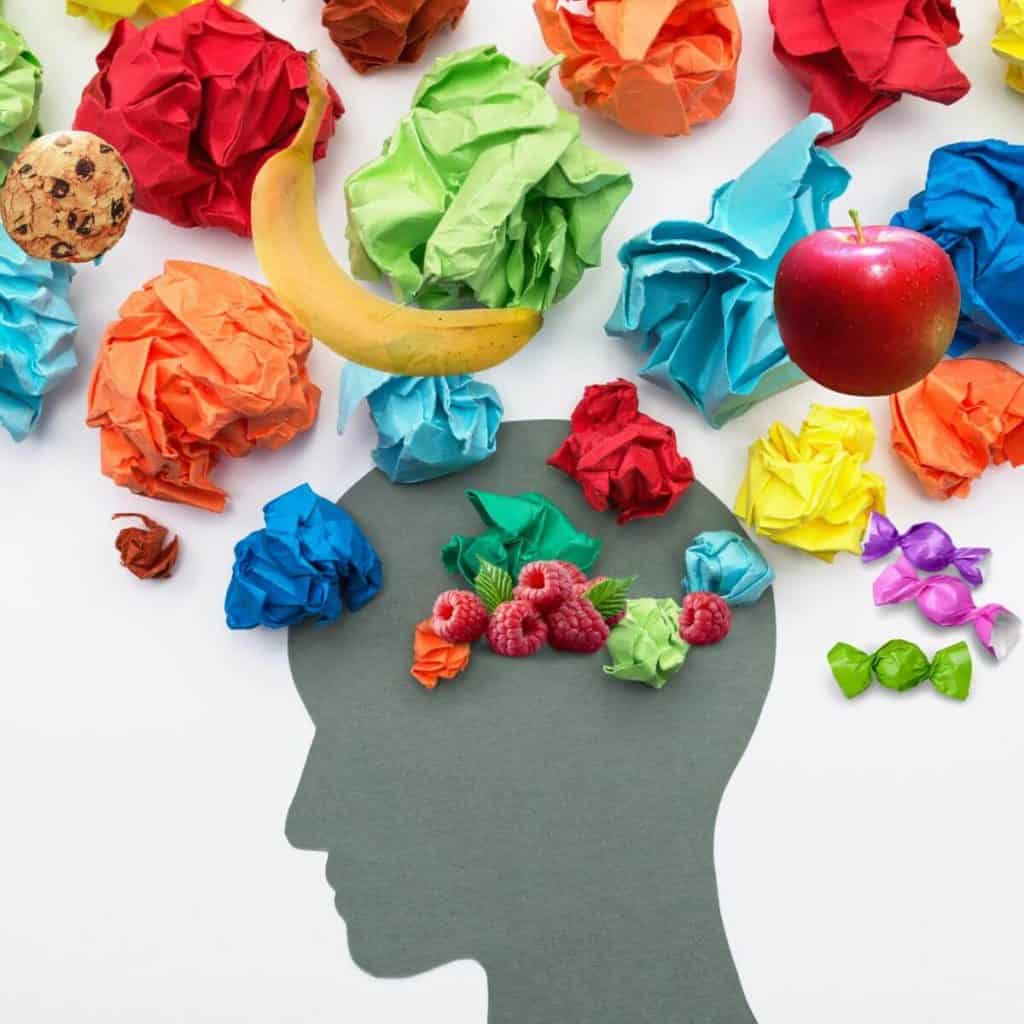 image of head with colored papers and fruit