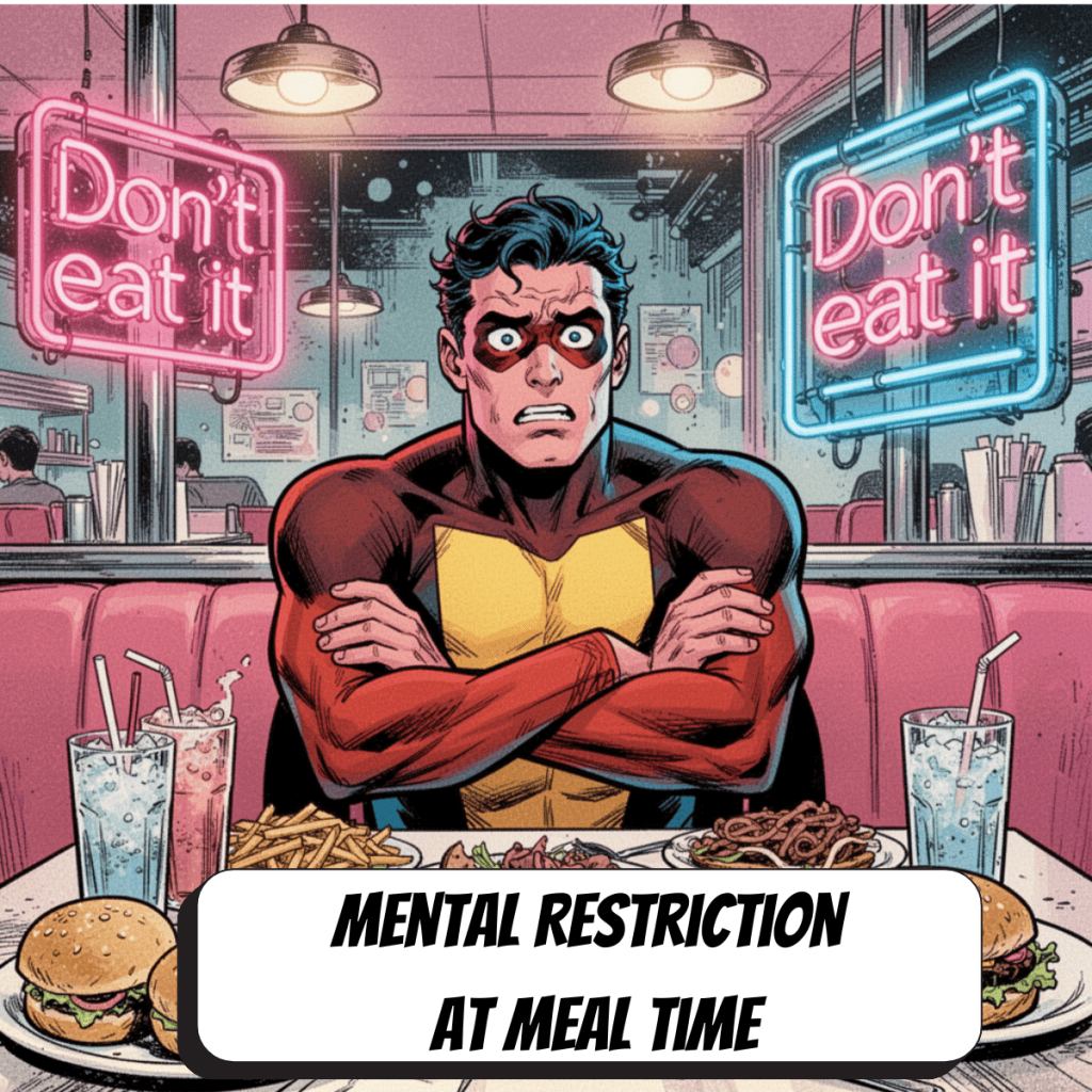 comic book hero at a diner with a table full of food and signs above his head that say don't eat it