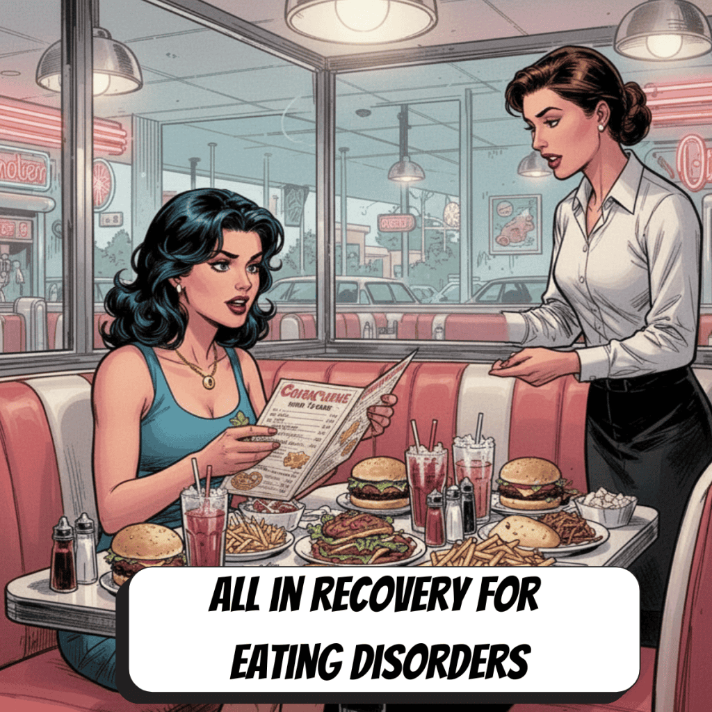 woman at a restaurant with a plate of food ordering more food from a female server