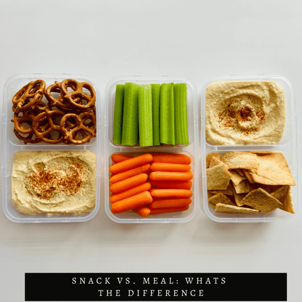 carrots, hummus, celery and other snacks in snack dishes