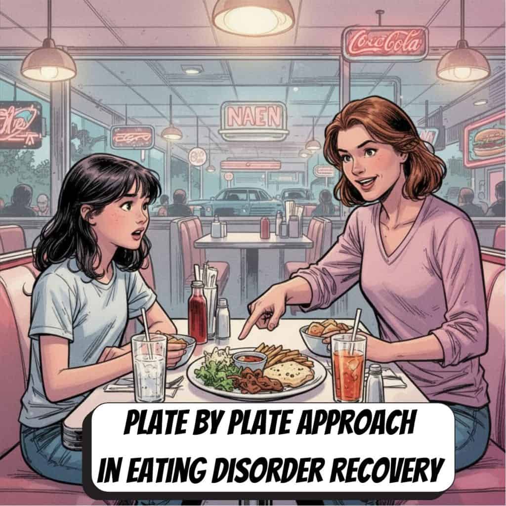 comic book woman with her daughter pointing out food on a plate in a diner