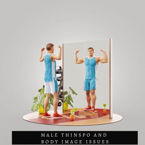 man looking in mirror with muscular reflection.