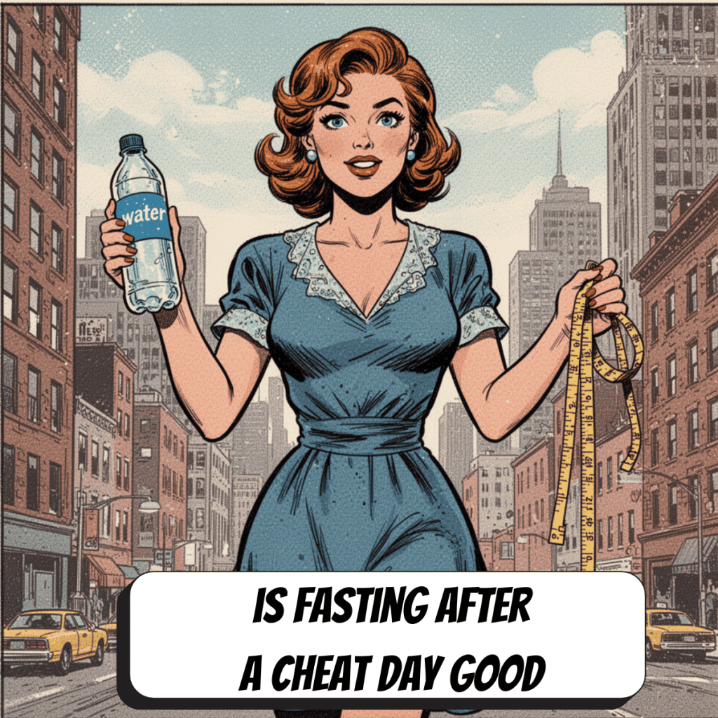 comic book woman walking down the street with a water bottle in one hand and a tape measure in the other