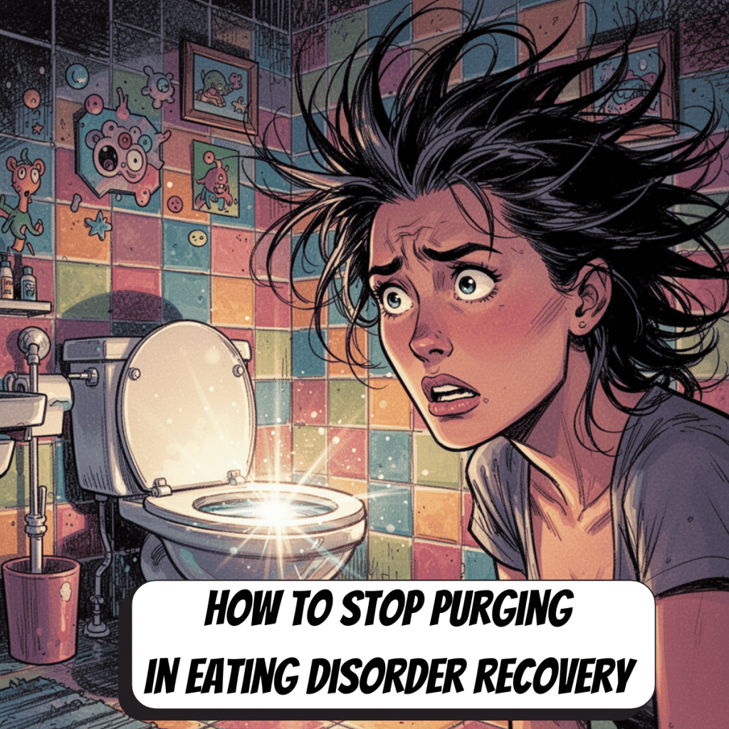 comic book woman looking anxiously away from shimmering toilet