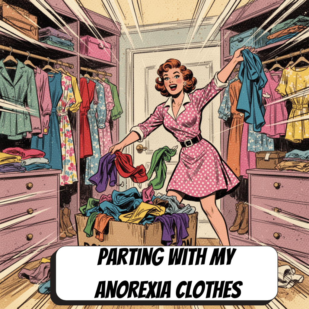 comic book woman in pink polka dot clothes in closet getting rid of old clothes