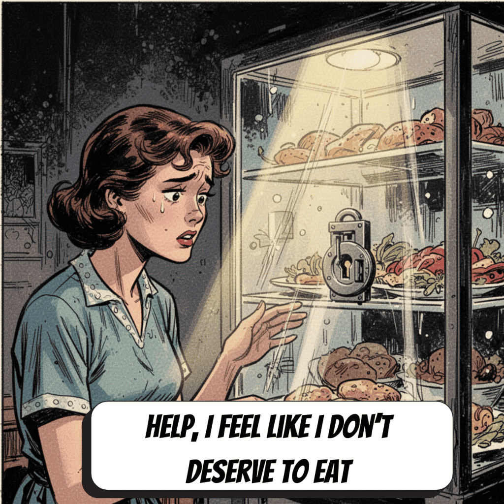 comic book woman looking anxiously at case of locked food