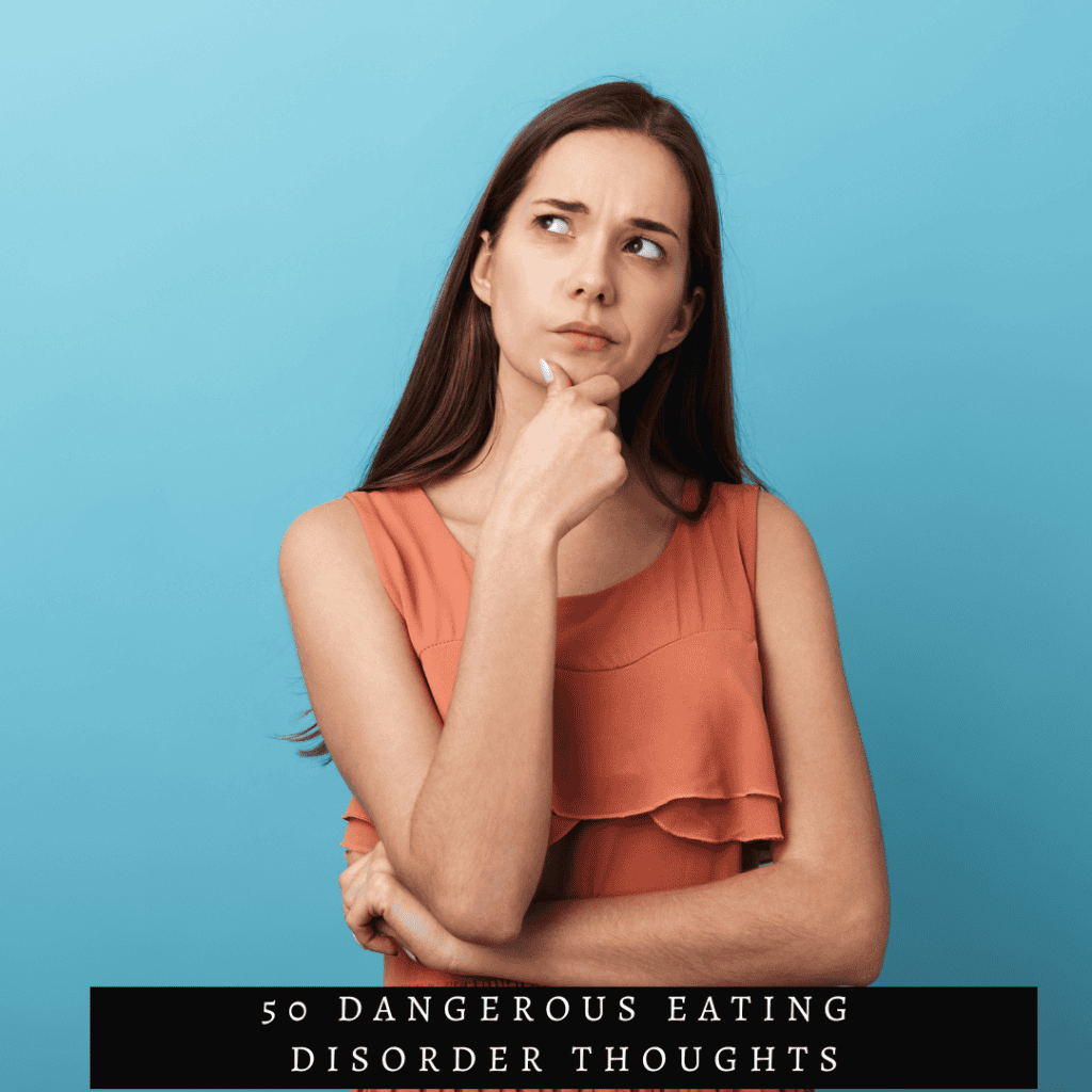 woman thinking in orange shirt on blue background