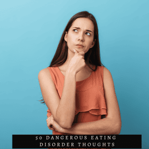 woman thinking in orange shirt on blue background
