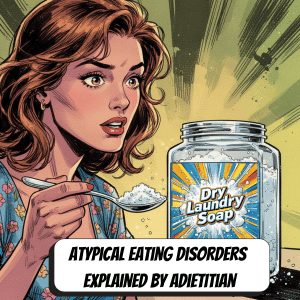 comic book woman holding a spoon of dry laundry soap