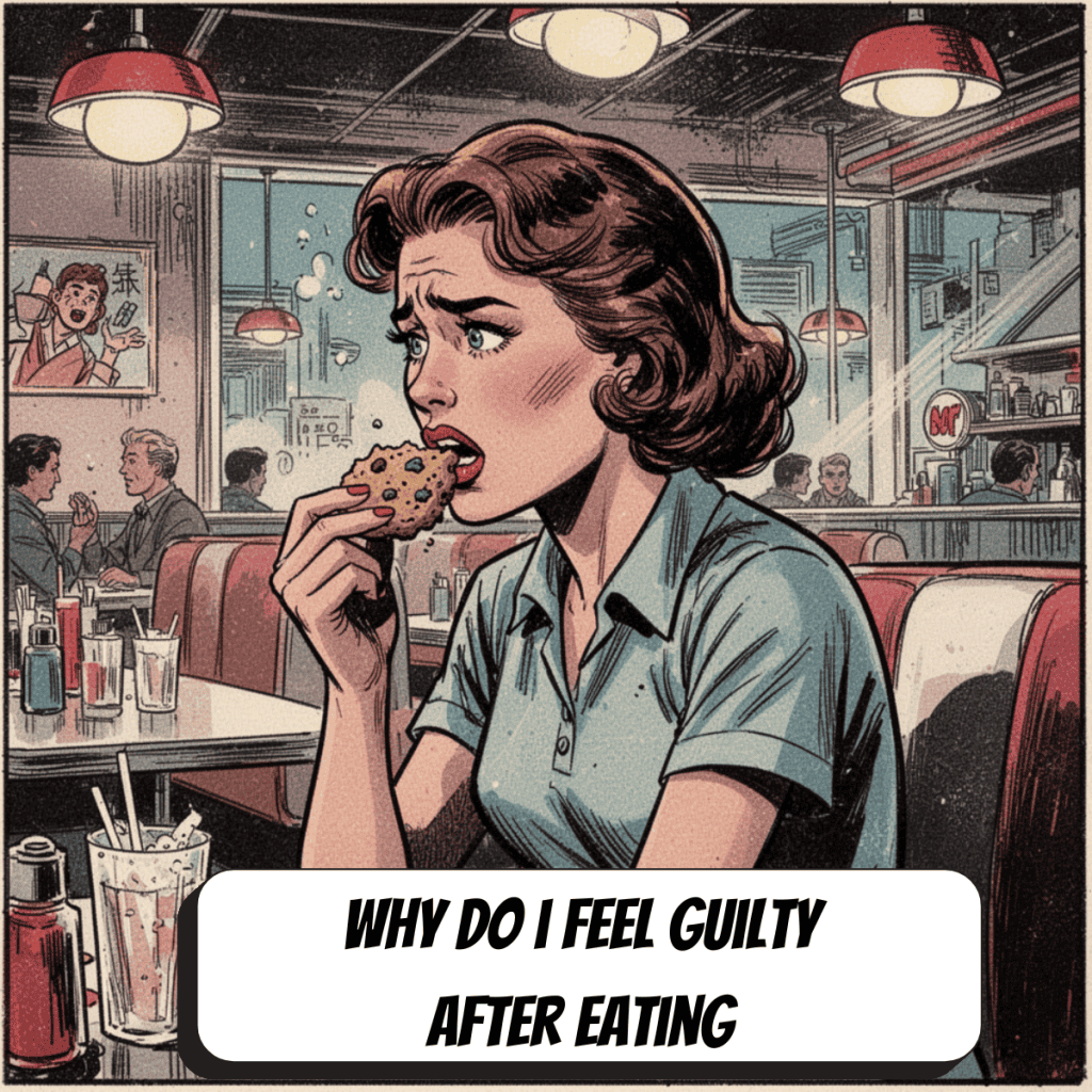 comic book woman at diner looking guilty after eating a cookie
