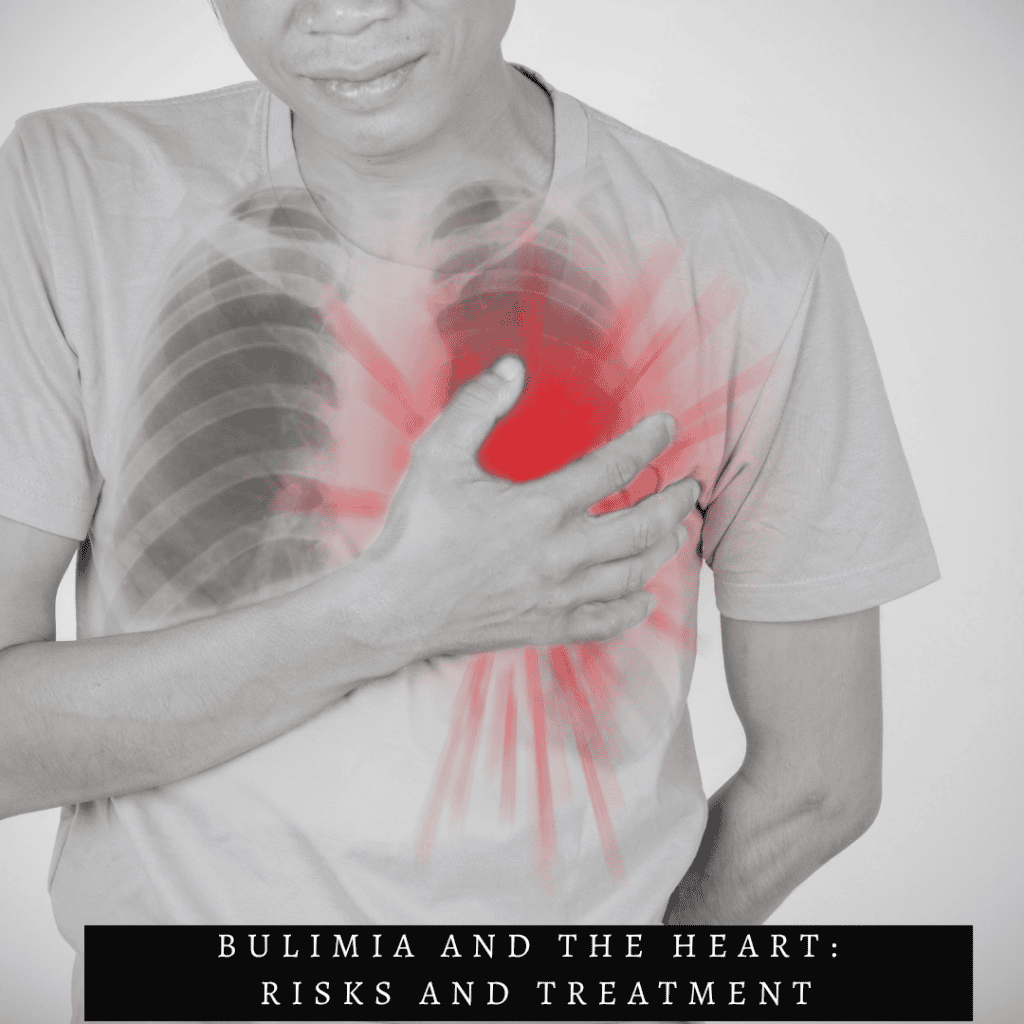 infographic of person holding a throbbing heart and the words bulimia and the heart: risks and treatment