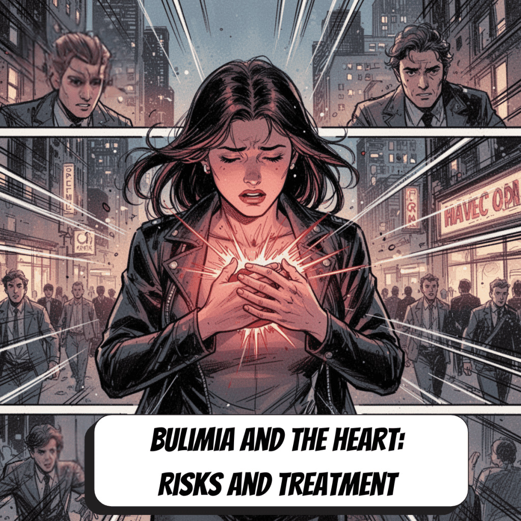 comic book woman holding her heart while traffic rushes by