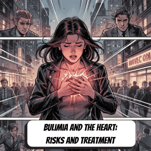 comic book woman holding her heart while traffic rushes by