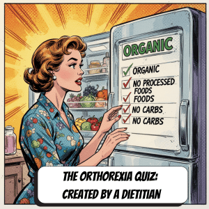 comic book woman looking at a list of clean eating foods on the fridge