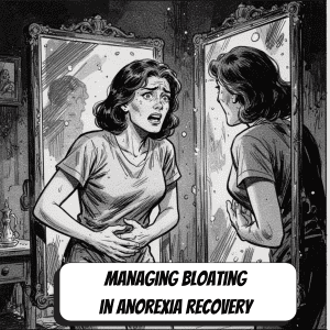 black an white comic book image of a bloated woman looking in the mirror