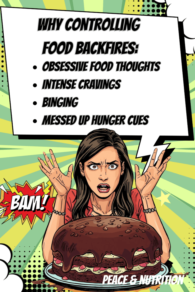 comic book woman with a thought bubble and cake that says "why controlling food backfires"