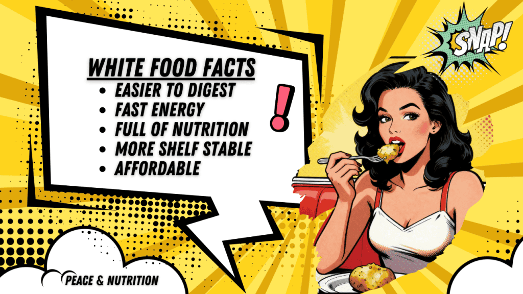 comic book woman with white foods nutrition facts in a thought bubble