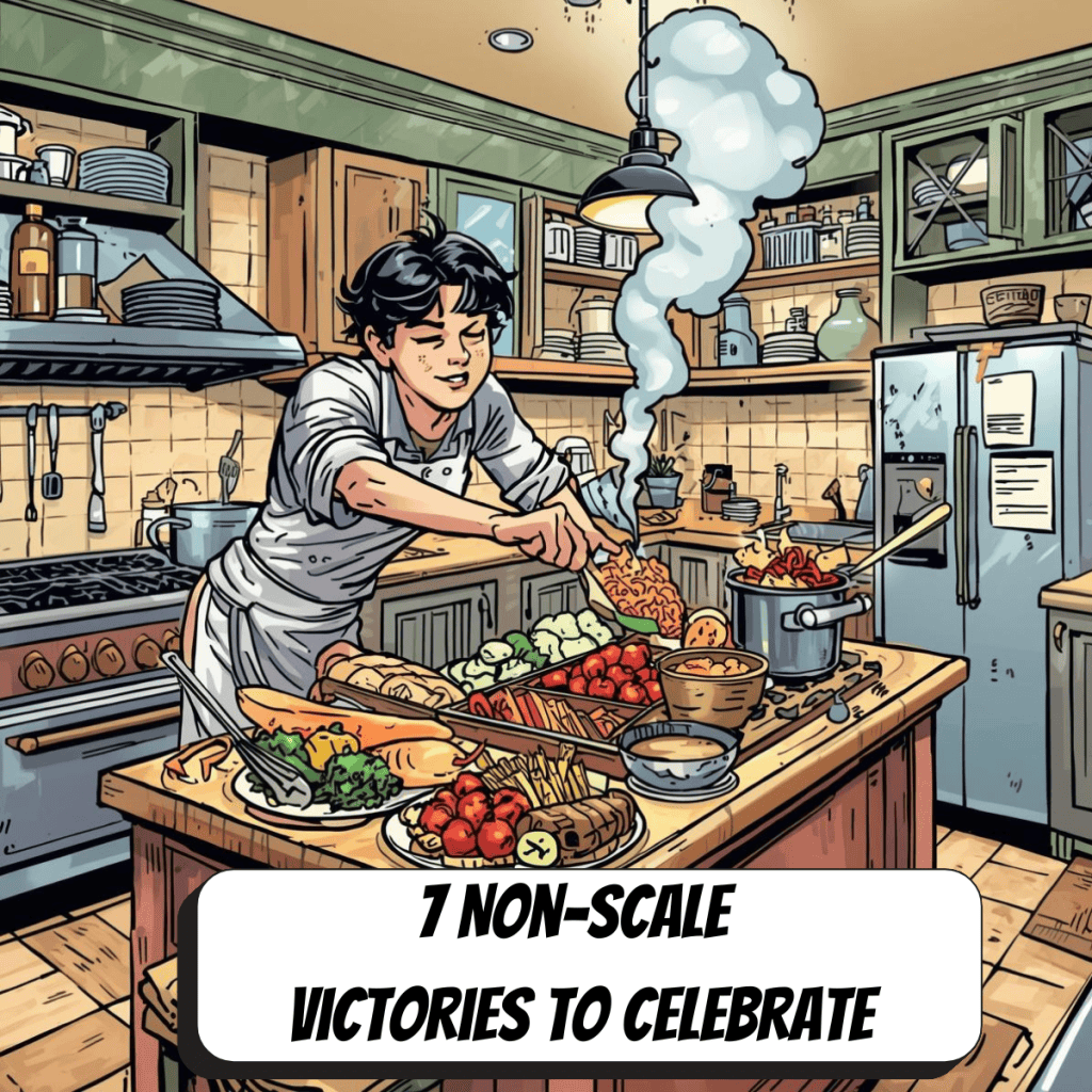 comic book image of man preparing a large meal in the kitchen