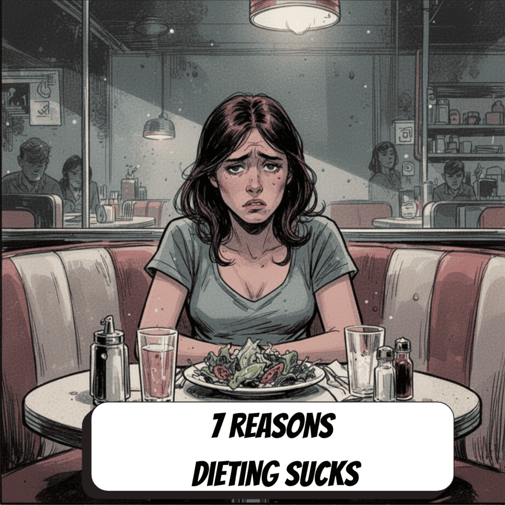 comic book woman in dark retro diner looking upset at eating a salad
