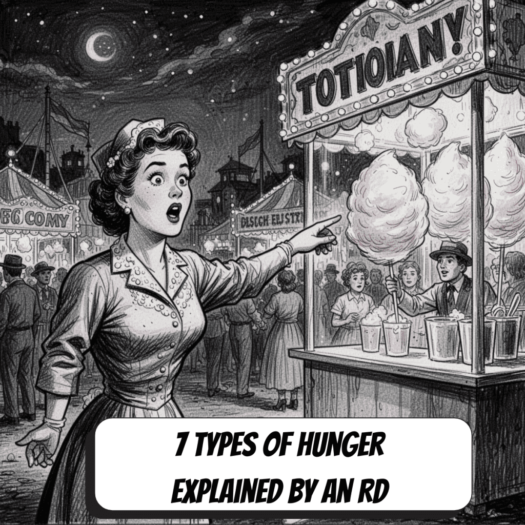 comic book image of a woman pointing to cotton candy. Image in black and white, cotton candy in pink