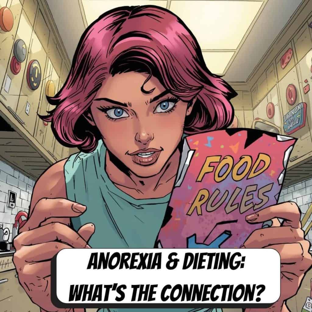 comic book woman holding a flyer that says food rules