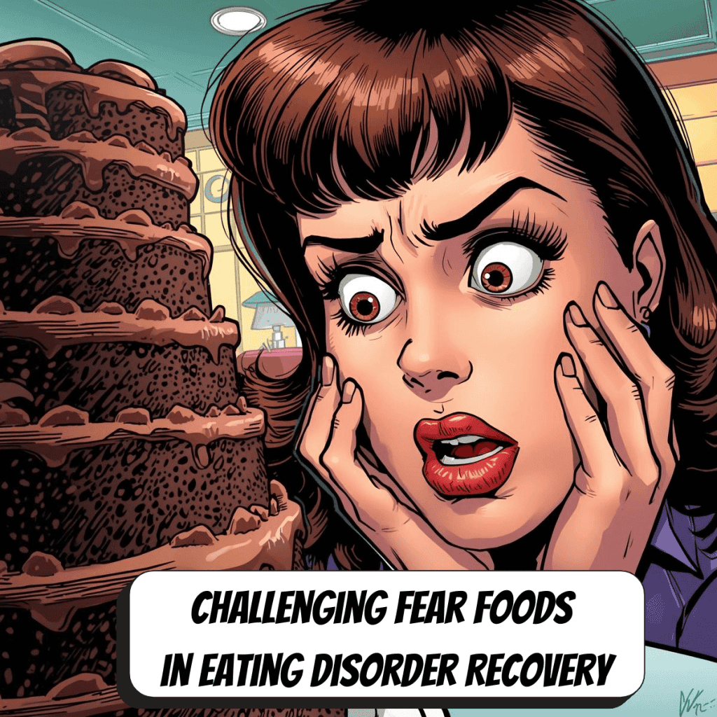 comic book woman looking scared at cake