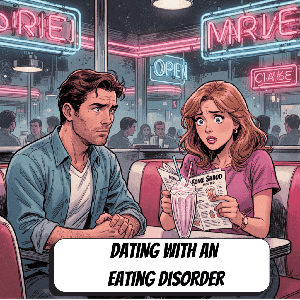two comic book characters on a date at a diner woman looks anxious