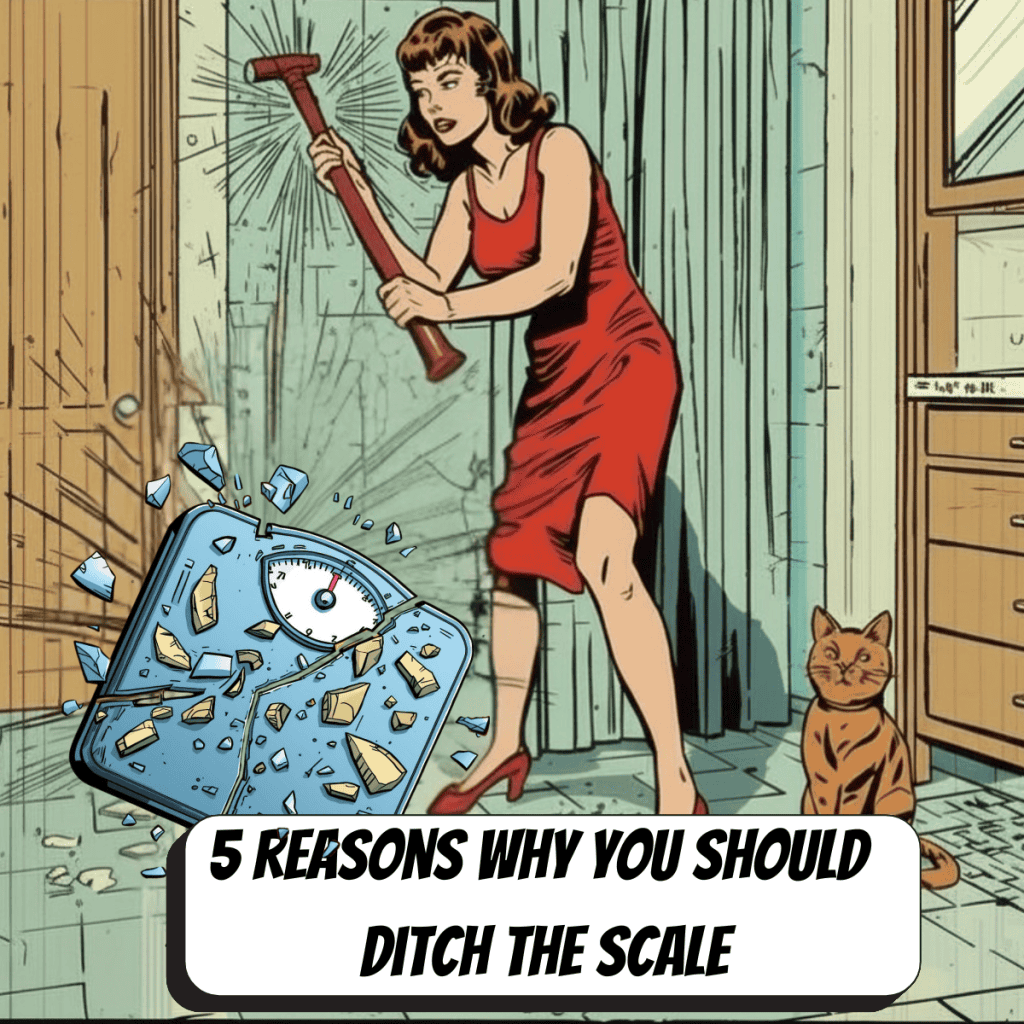 comic book woman smashing a scale