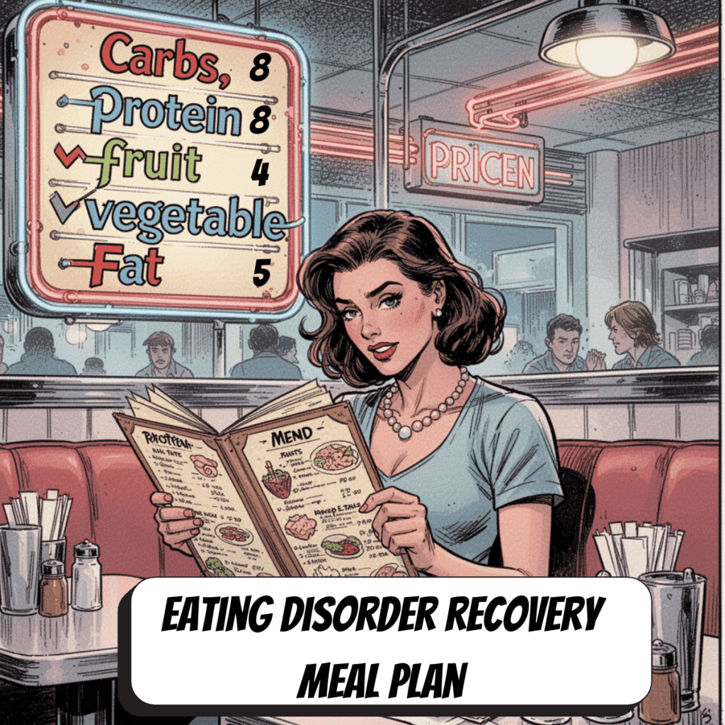 woman at diner looking at menu with meal plan recommendations behind her