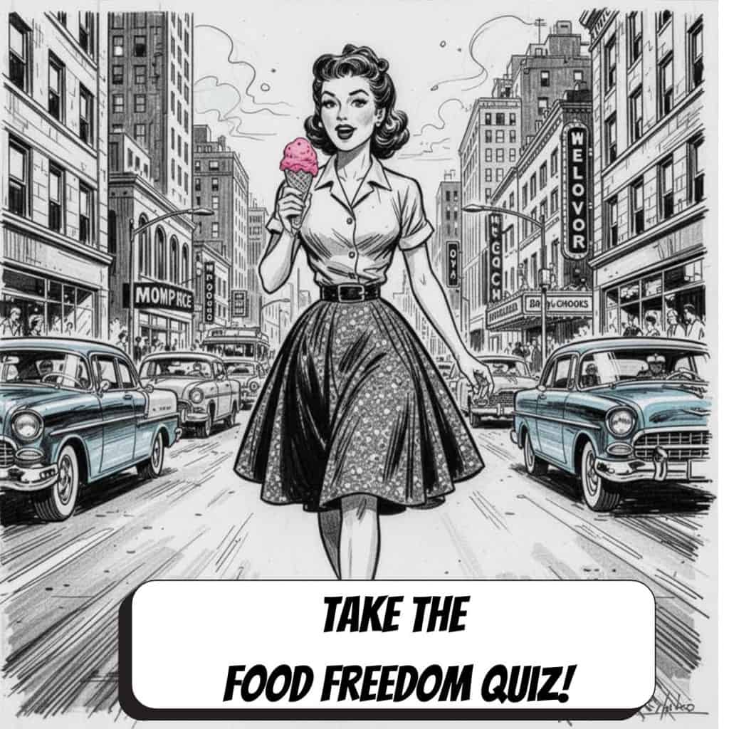 comic book woman walking down the street in back and white eating pink ice cream cone