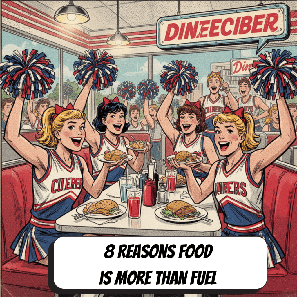comic book group of cheerleaders at a diner
