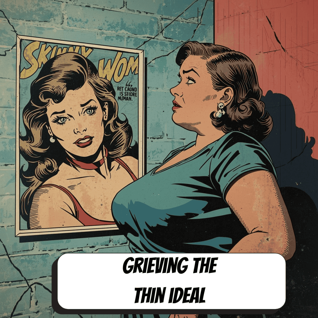 fat bodied comic book woman looking at image of small bodied comic book woman