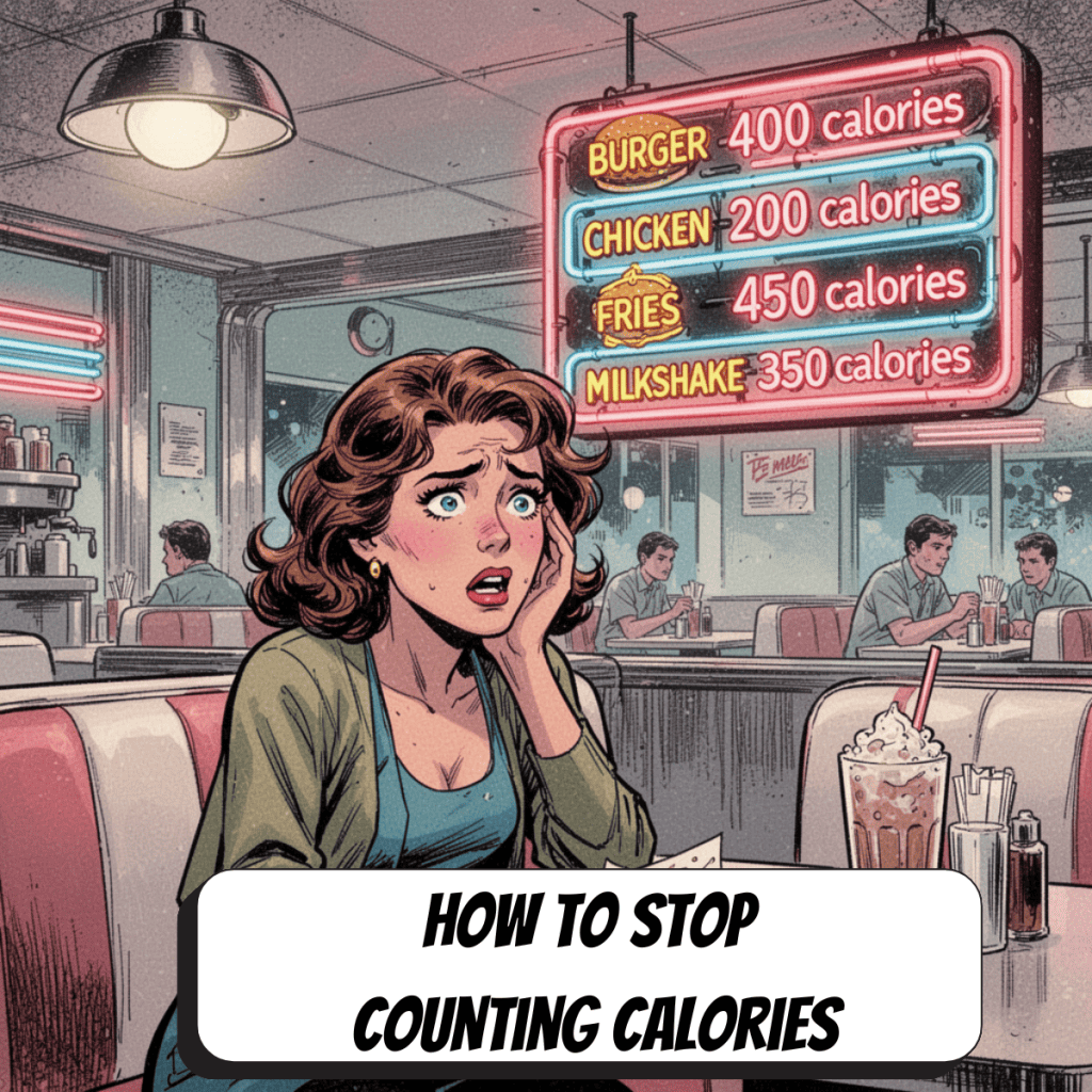 comic book woman looking anxious with calorie counts on menu at the diner