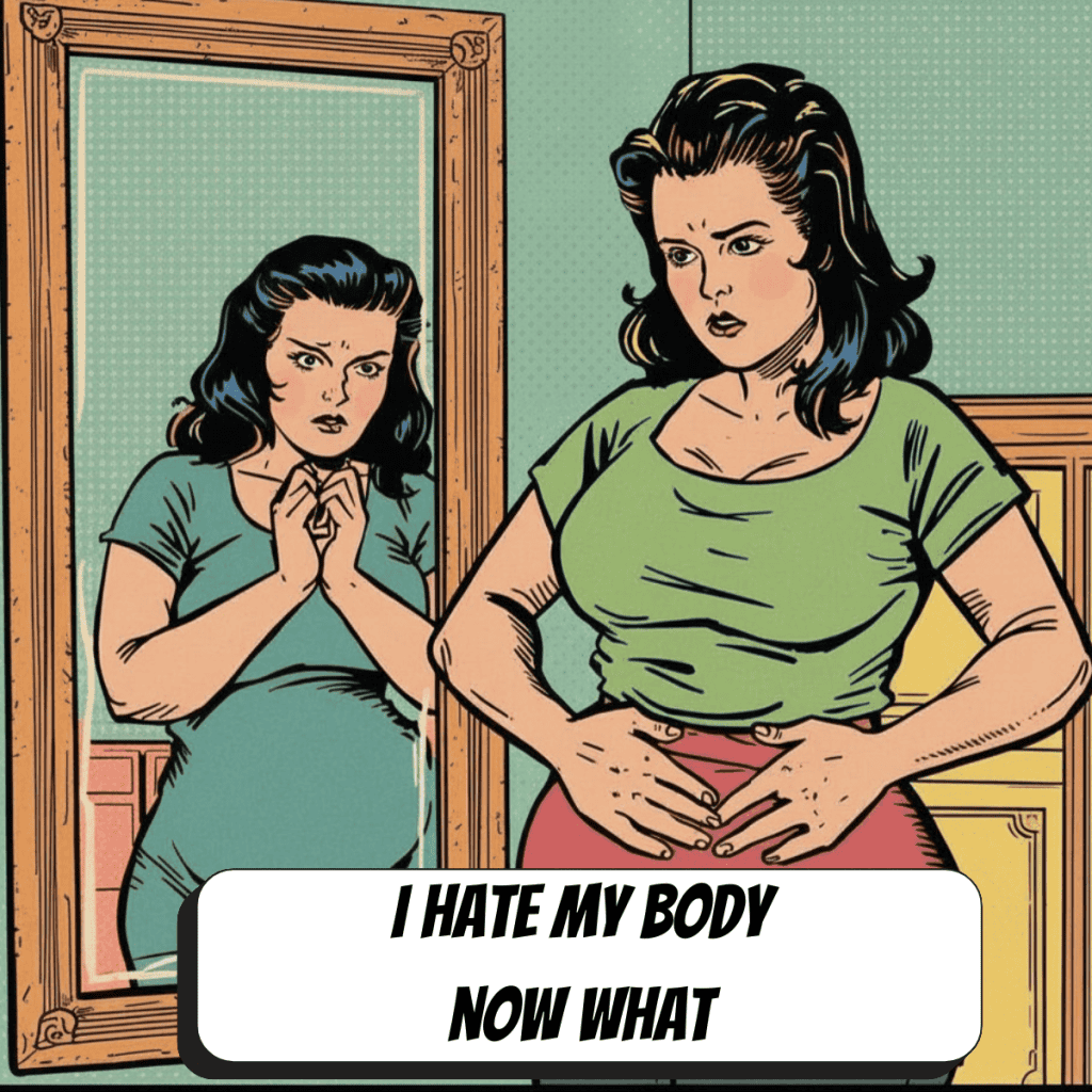 comic book woman looking anxiously at body with another comic book woman in the mirror also looking anxious