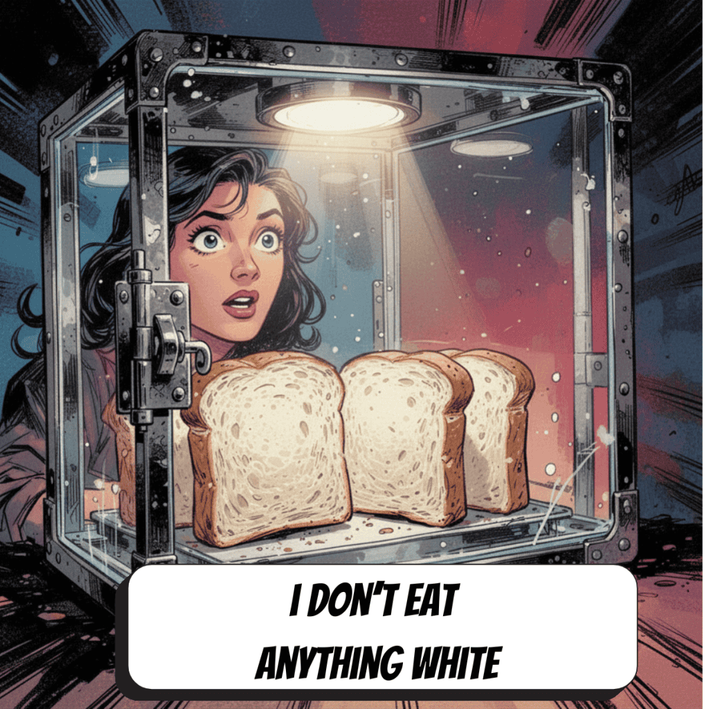 comic book woman looking at off limits white bread locked in a glass box
