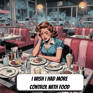 comic book woman looking anxious with many plates of food at a diner